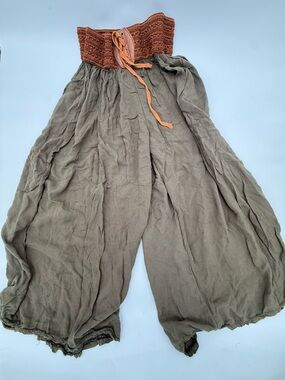 Y2K Boho Wide-Leg Harem Pants with Crochet Waistband - Olive & Rust